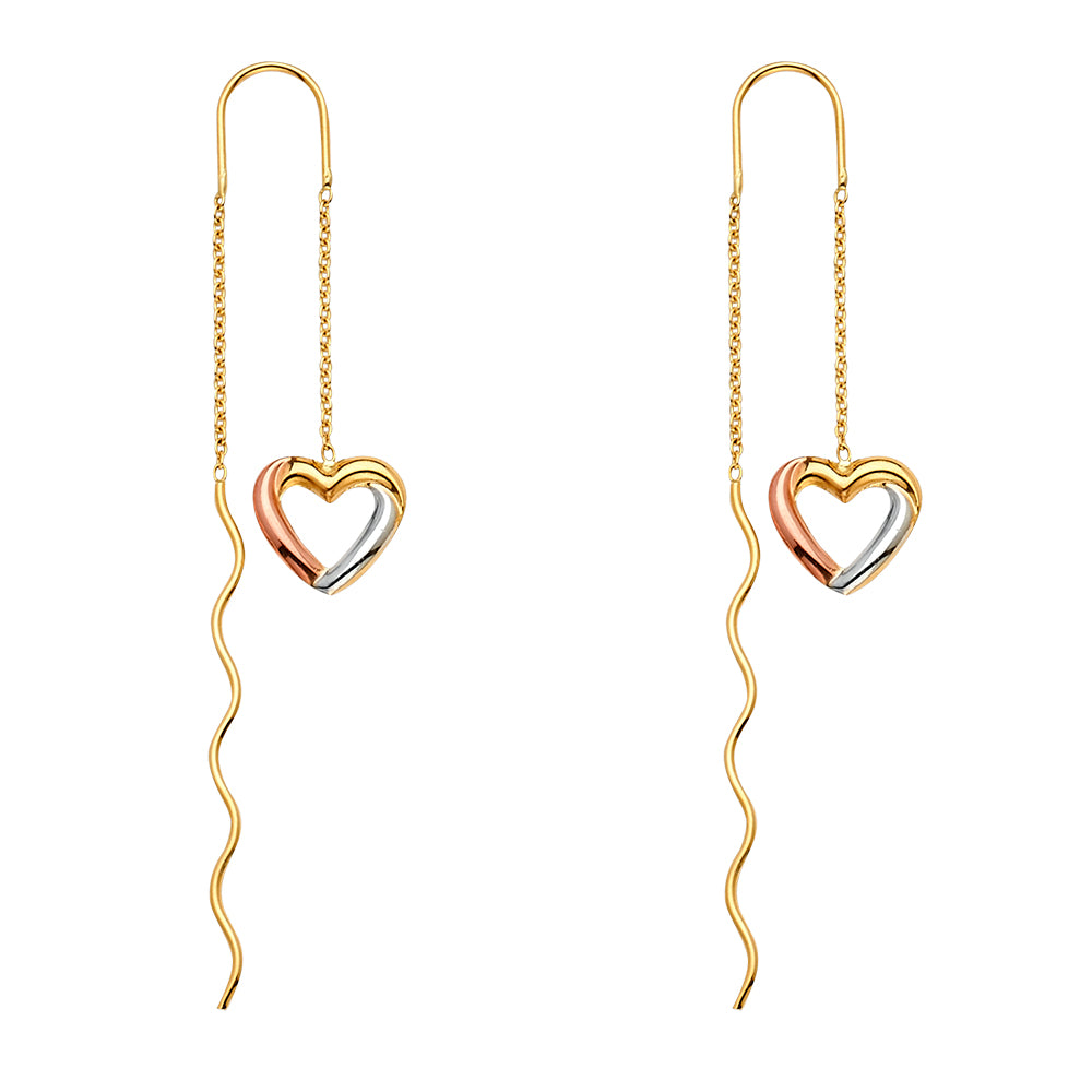 14K Yellow White Rose Gold Heart Front & Back Dangle Earring