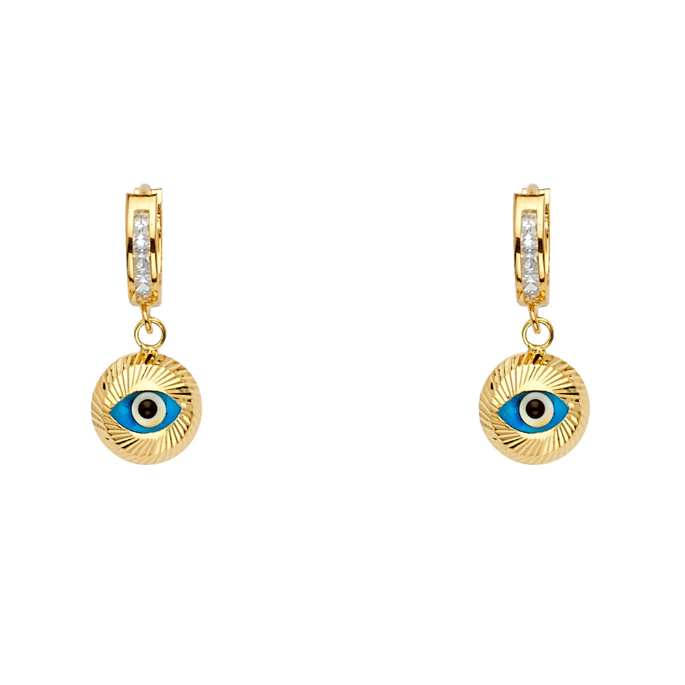 14K Yellow Gold Evil Eye Dangle Huggies Earring