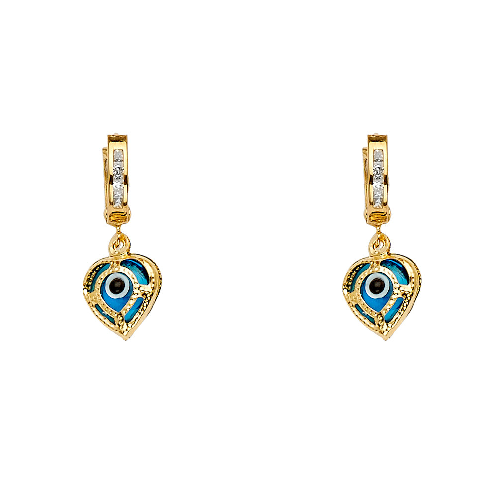14K Yellow Gold Evil Eye Dangle Huggies Earring