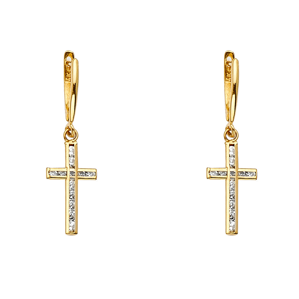 14K Yellow Gold CZ Channel Set Cross Dangle Earring