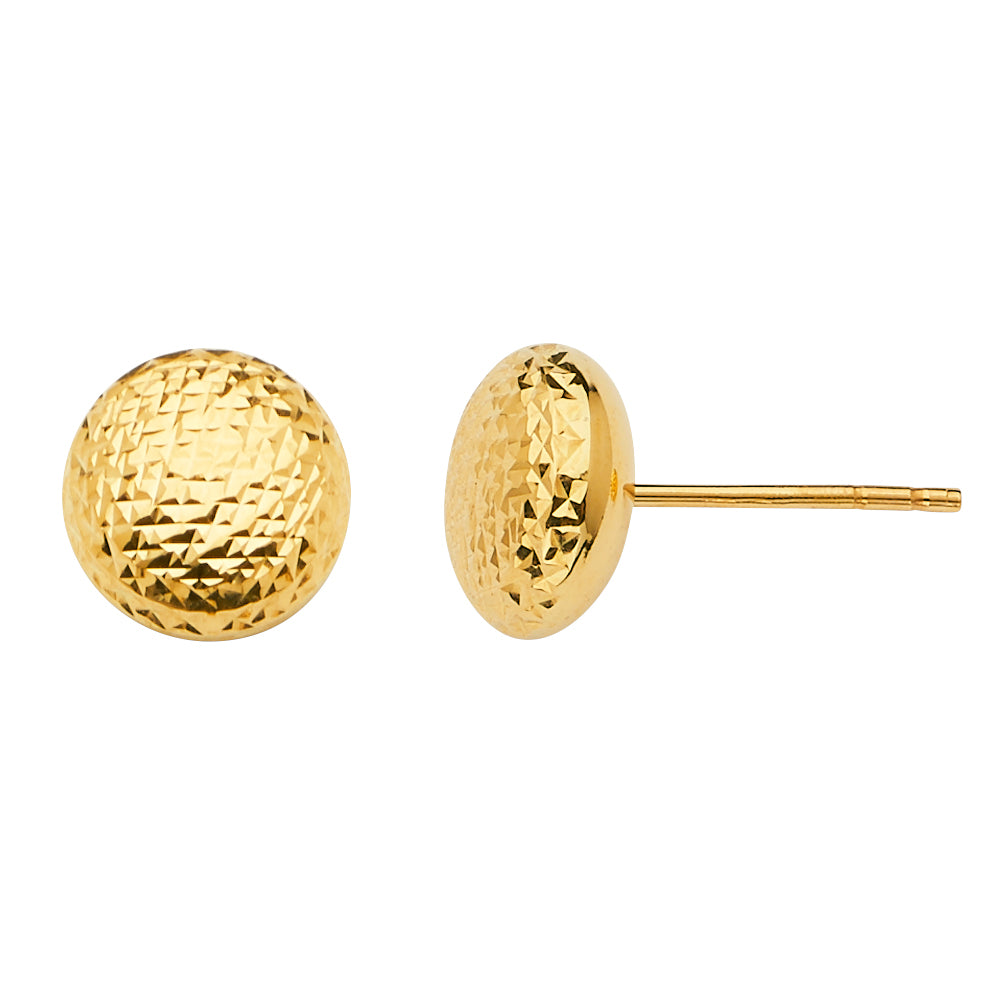 14K Yellow Gold Diamond Cut Flat Round Ball Earring W/Push Back