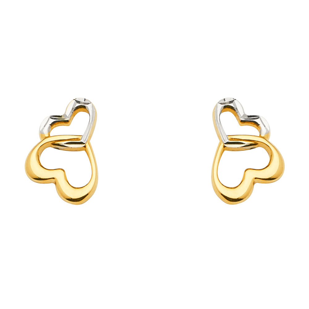 14K Two Tone Gold 2Heart Earring W/Push Back