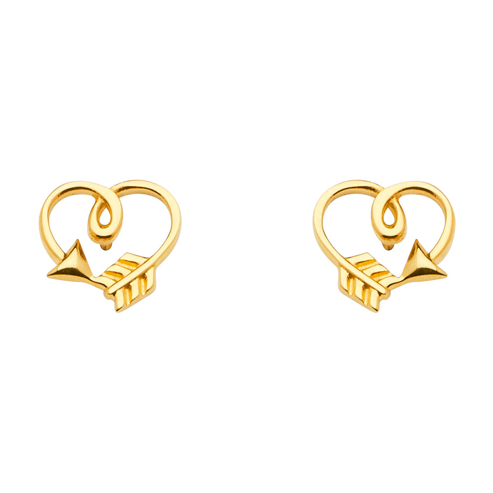14K Yellow Gold Arrow Heart Earring W/Push Back