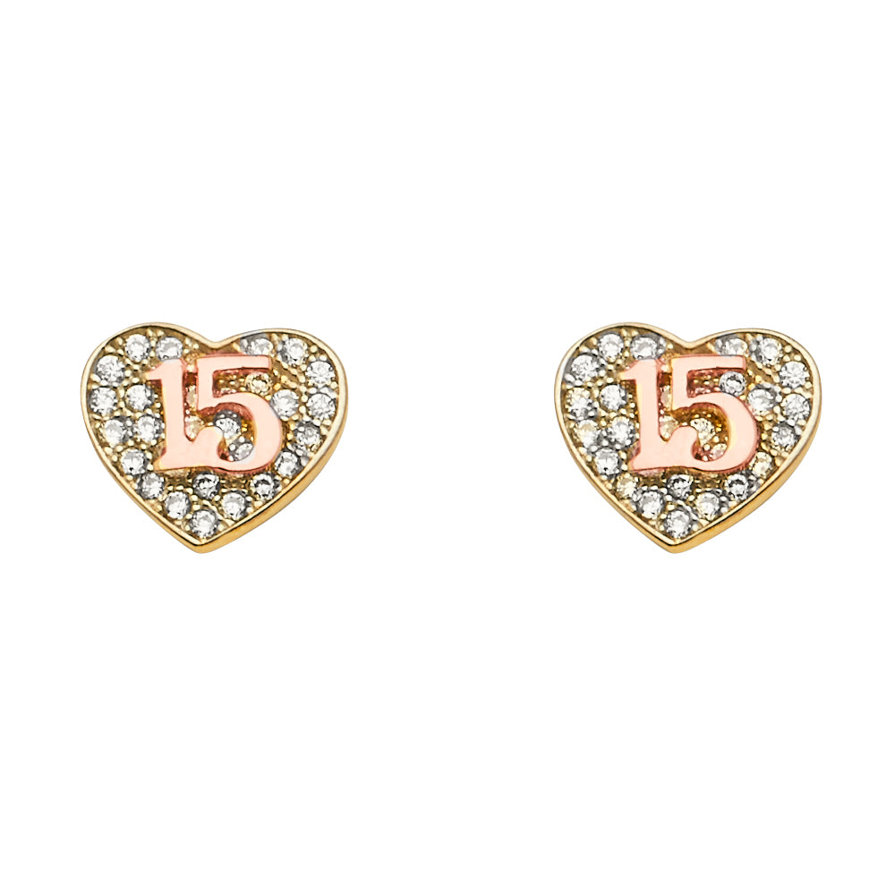 14K Two Tone Gold 15 Years CZ Heart Earring W/Push Back