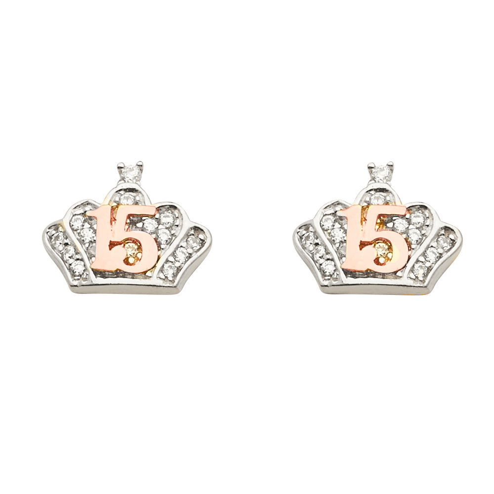 14K White Gold 15 Years CZ Crown Earring W/Push Back