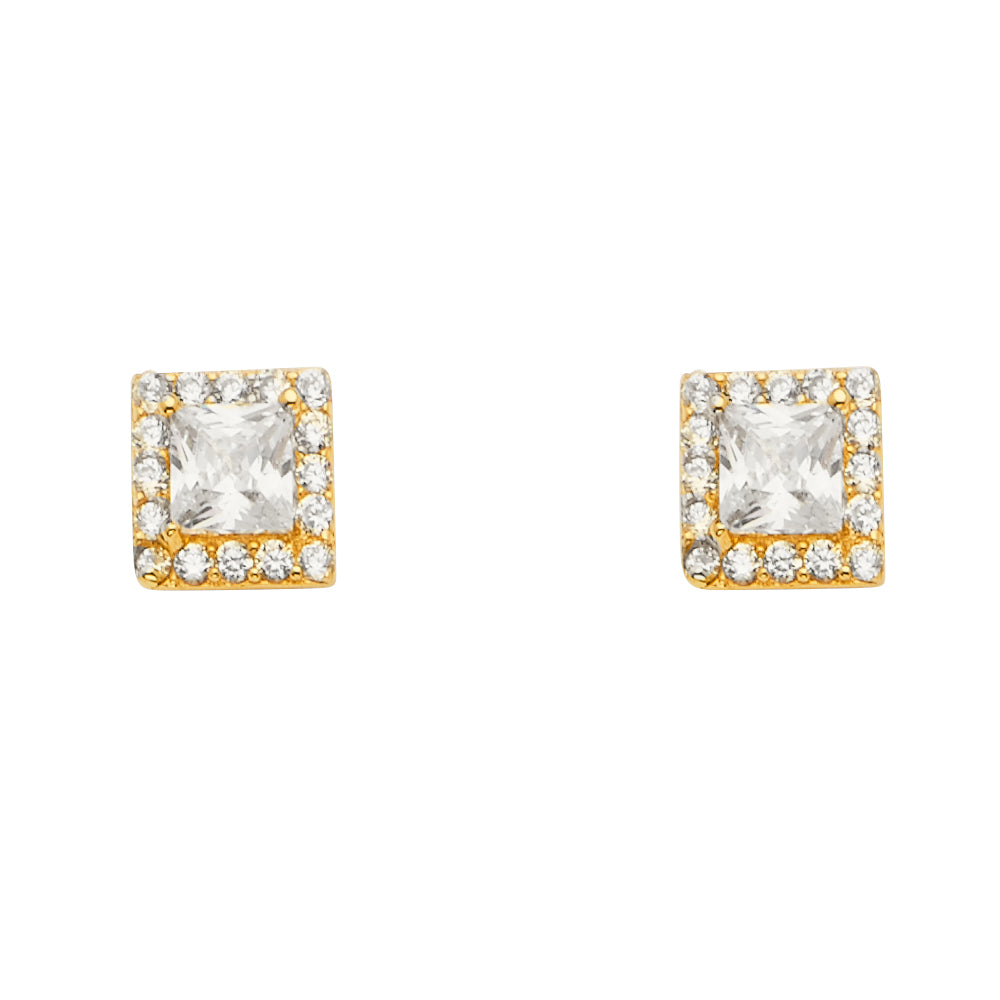 14K Yellow Gold Solitare Halo Square CZ Earrings W/P-Back