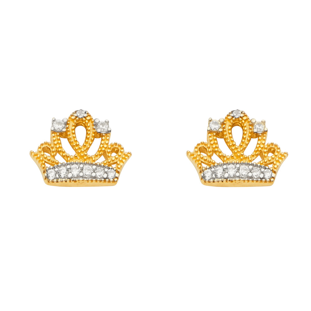 14K Two Tone Gold CZ Crown Earring W/Push Back