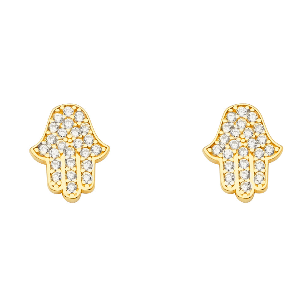 14K Yellow Gold CZ Hamsa Earring W/Push Back