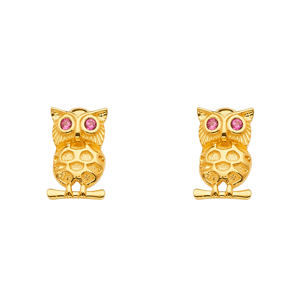 14K Yellow Gold CZ Owl Earring W/Push Back
