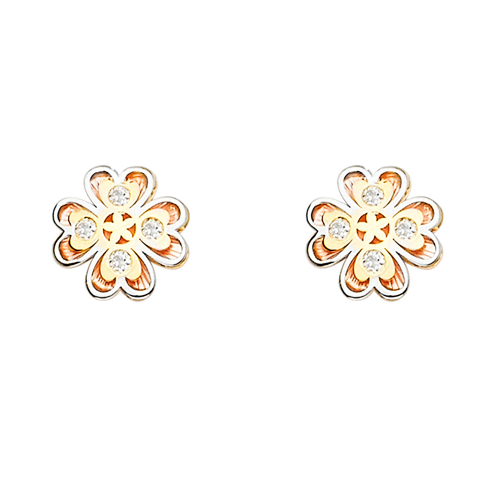 14K Yellow White Rose Gold CZ Flower Post Ear
