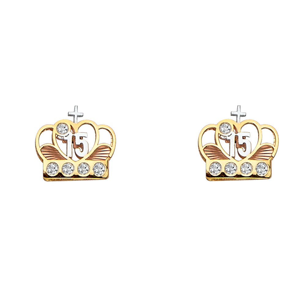 14K Yellow White Rose Gold CZ Crown Post Ear