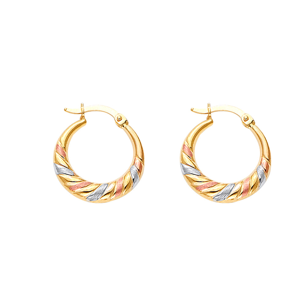 14K Yellow White Rose Gold Double Face Diagonal Design Hollow Earring
