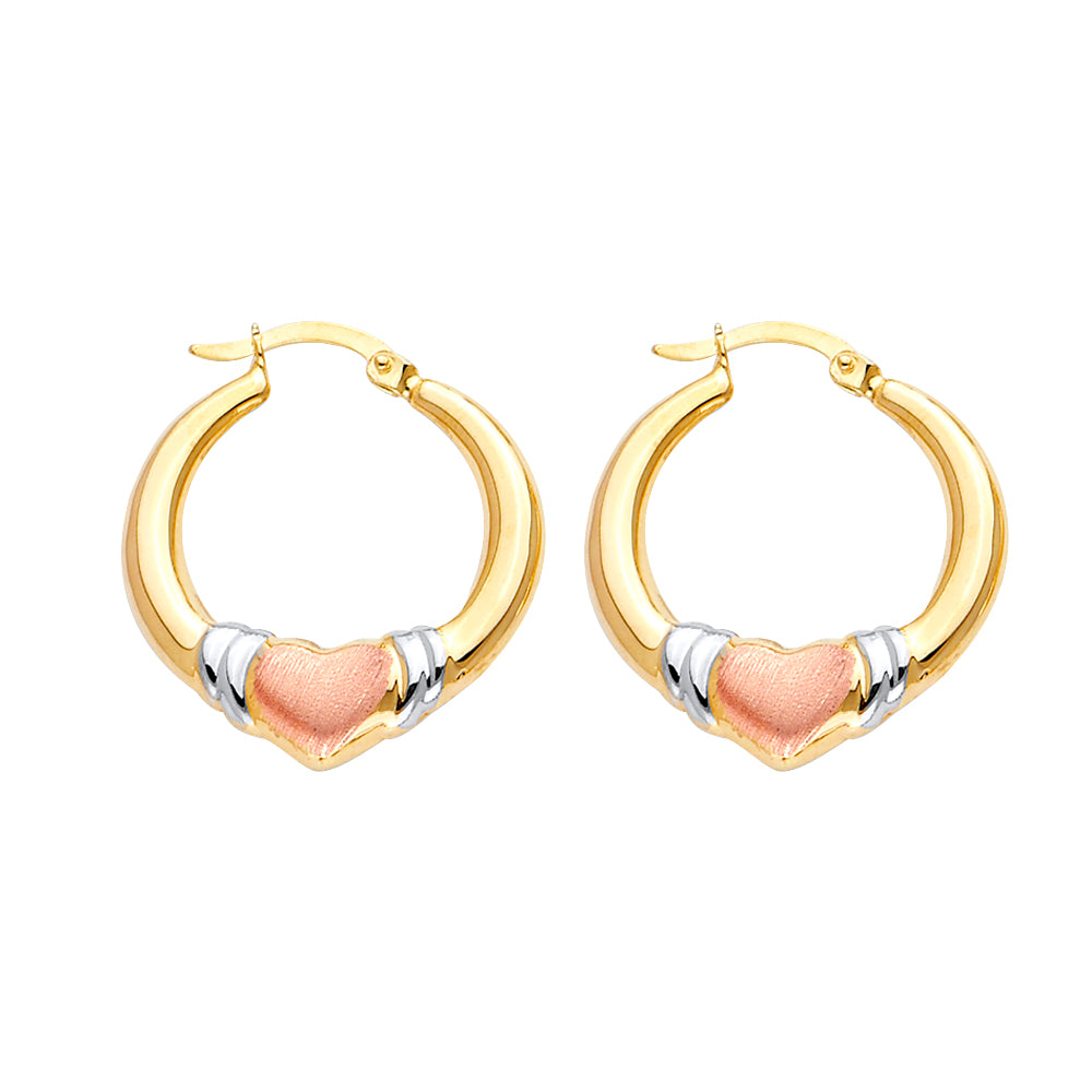 14K Yellow White Rose Gold Double Face Heart Design Hollow Earring