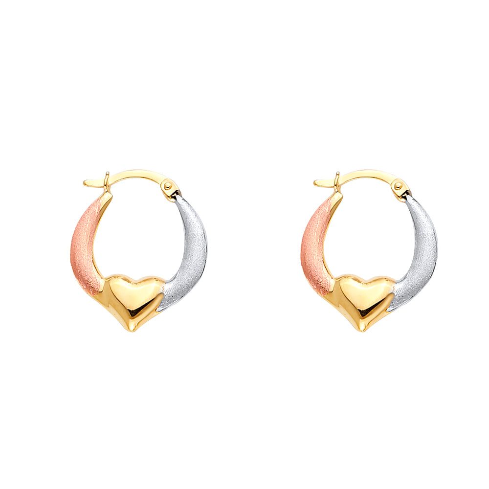 14K Yellow White Rose Gold Double Face Heart Design Hollow Earring