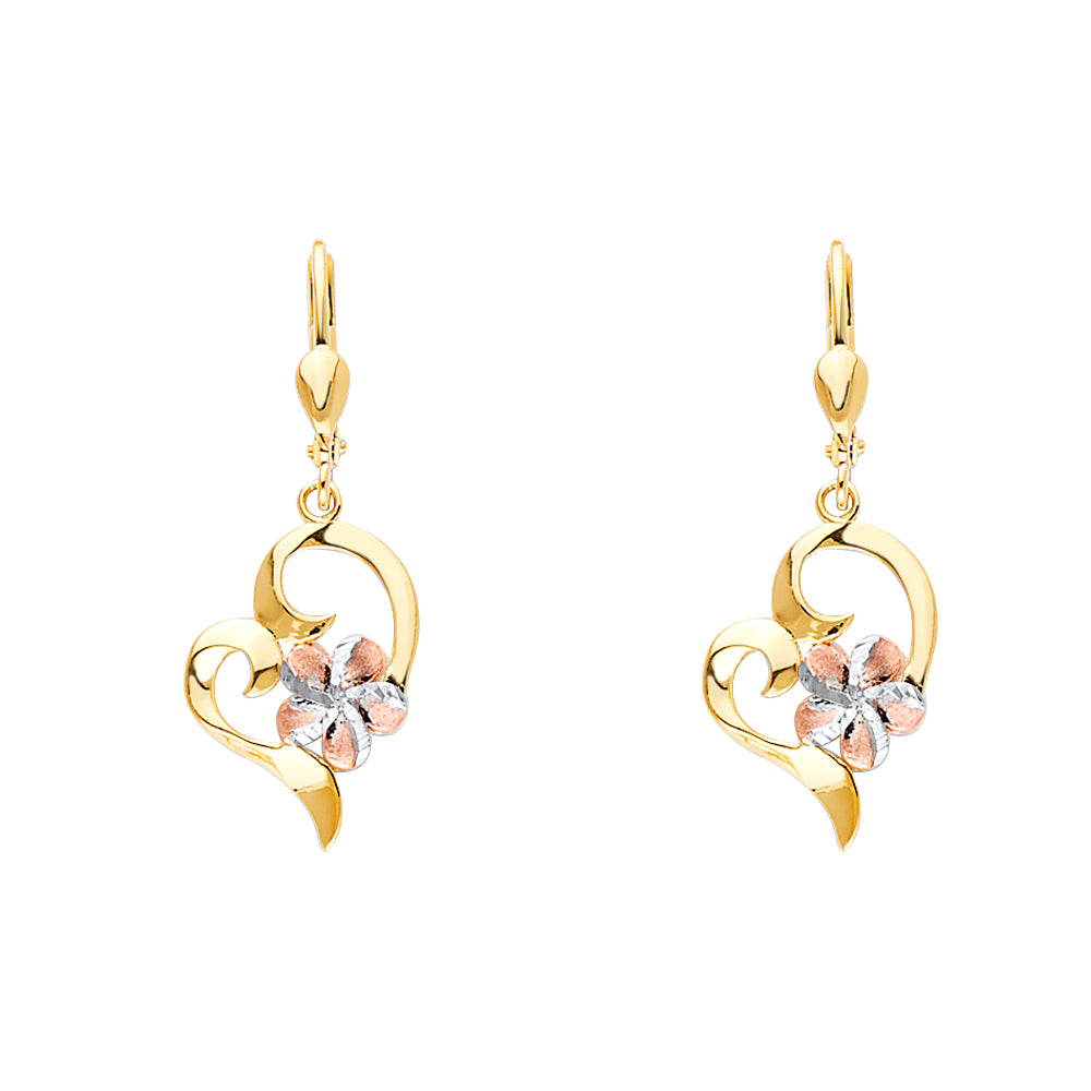 14K Yellow White Rose Gold Heart Lever Back Earrings With Hawaiian Flower