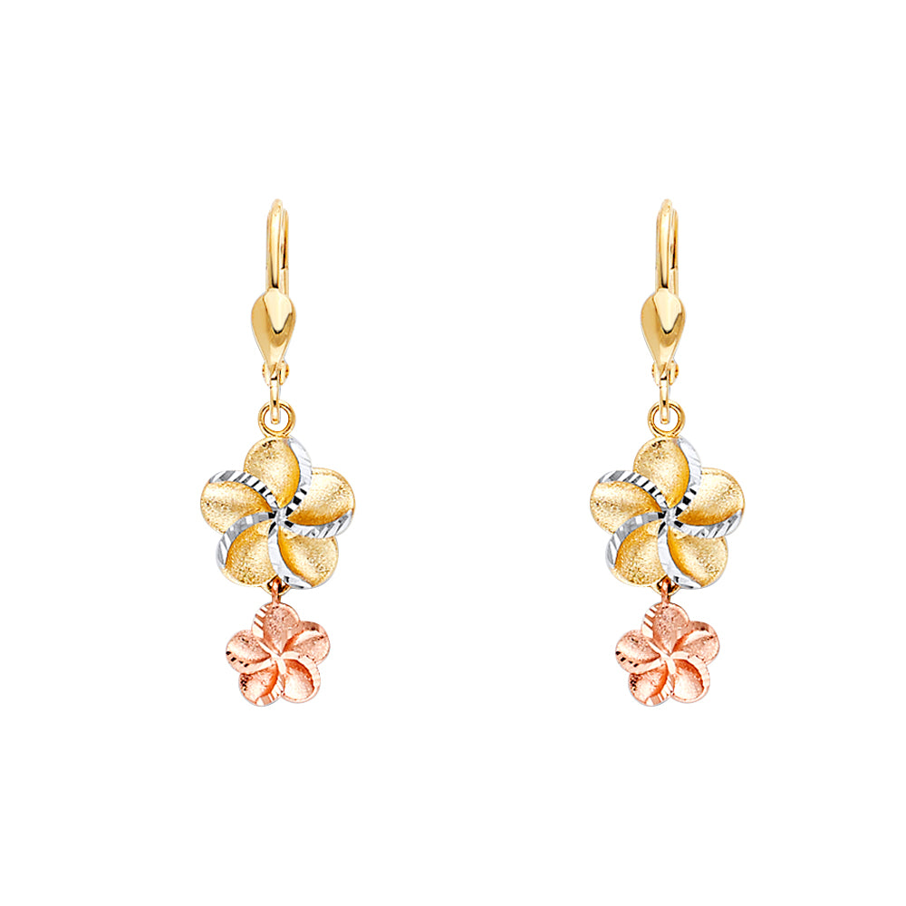14K Yellow White Rose Gold Hawaiian Flower Lever Back Earring