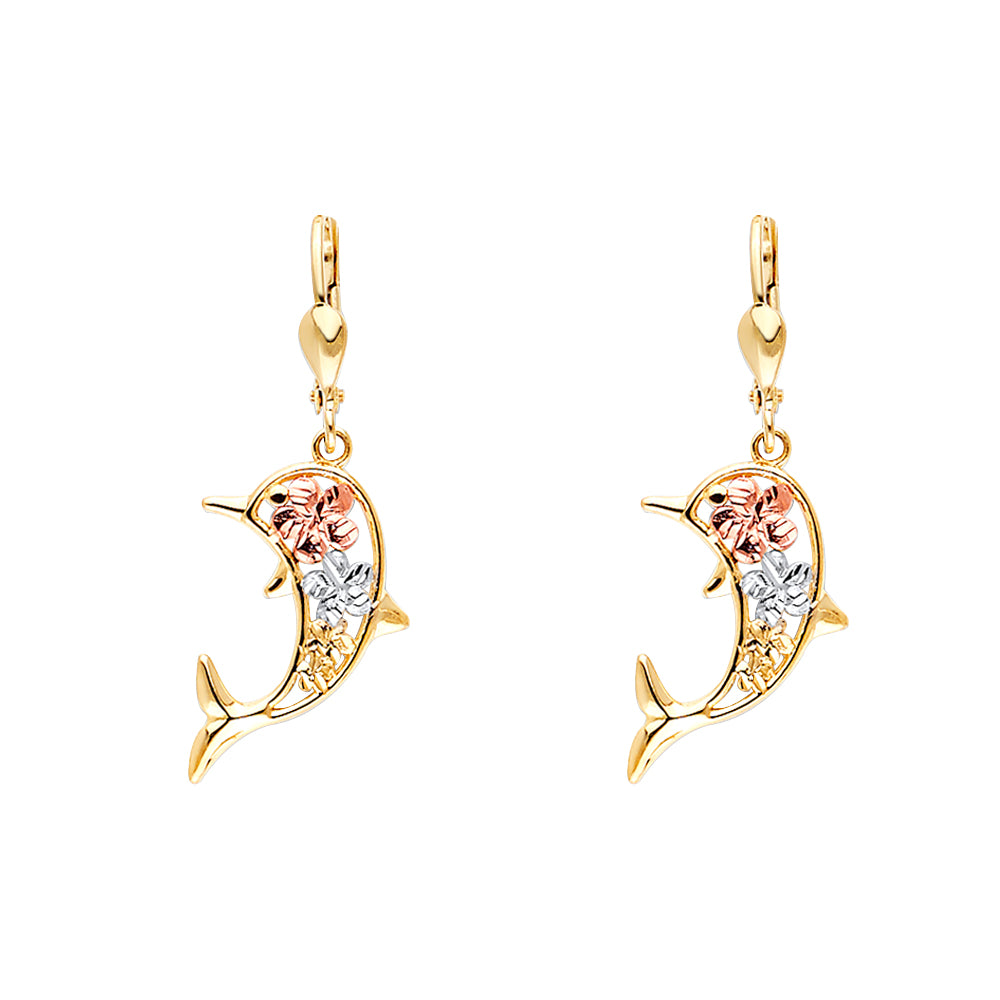 14K Yellow White Rose Gold Hawaiian Flower Dolphin Lever Back Ear