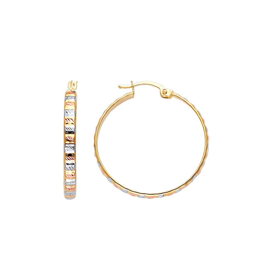 14K Yellow White Rose Gold Designed Diamond Cut Flat Hoop Earring