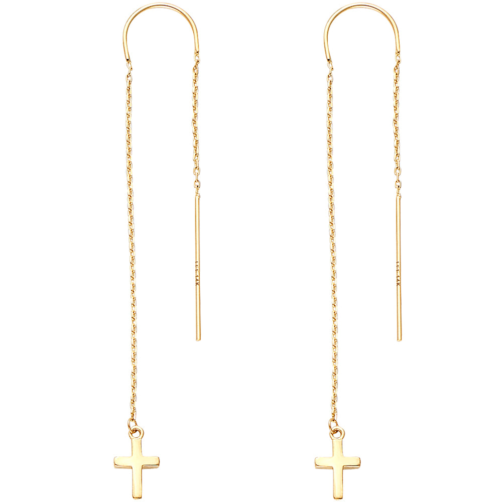 14K Yellow Gold Double Lines Chain Cross Earring