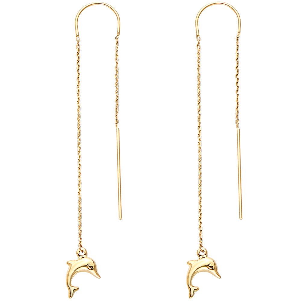 14K Yellow Gold Double Lines Chain Dolphin Earring