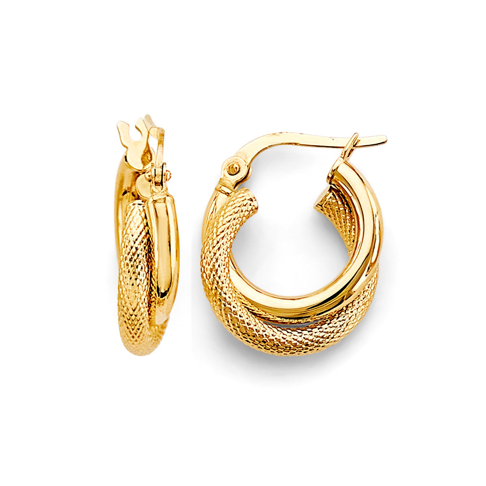 14K Yellow Gold Two Rows Crossed Hoop Earring