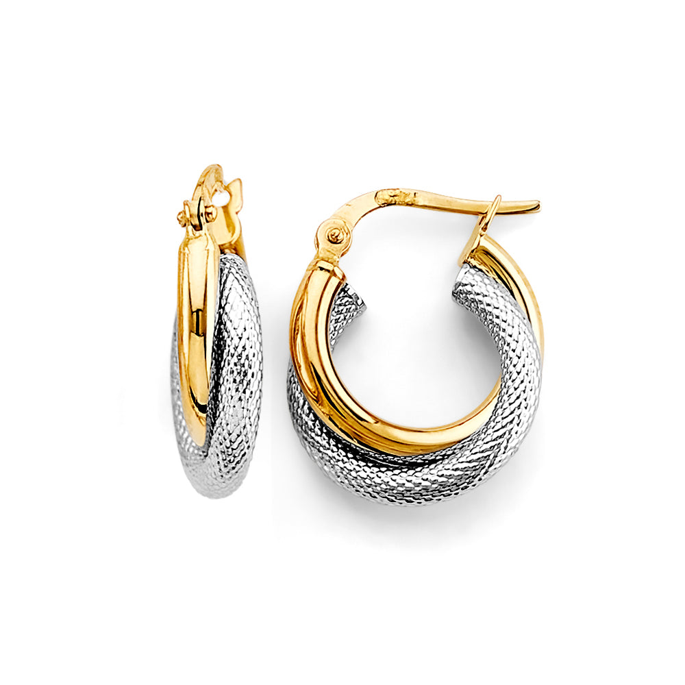 14K Two Tone Gold Two Rows Crossed Hoop Earring