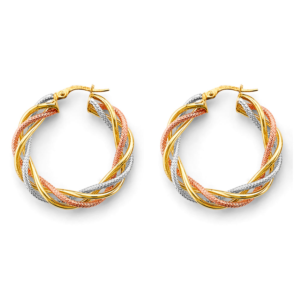 14K Yellow White Rose Gold Braided Hollow Hoop Earring