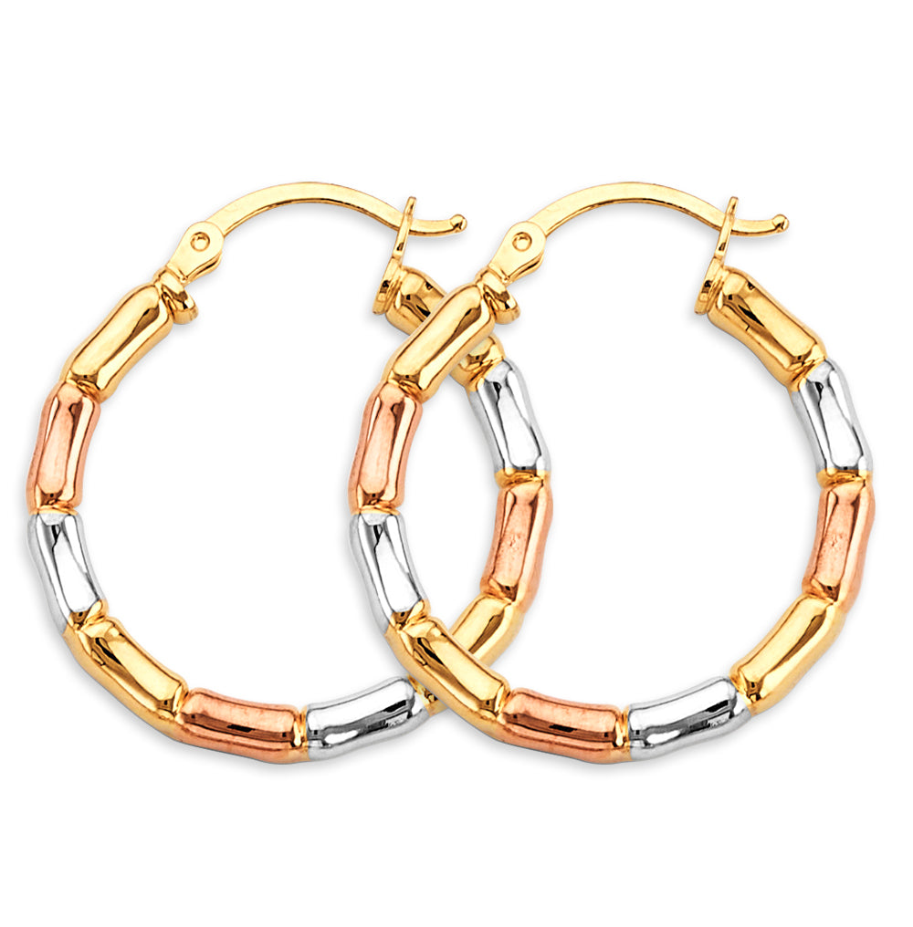 14K Yellow White Rose Gold Bamboo Style Hoop Earring