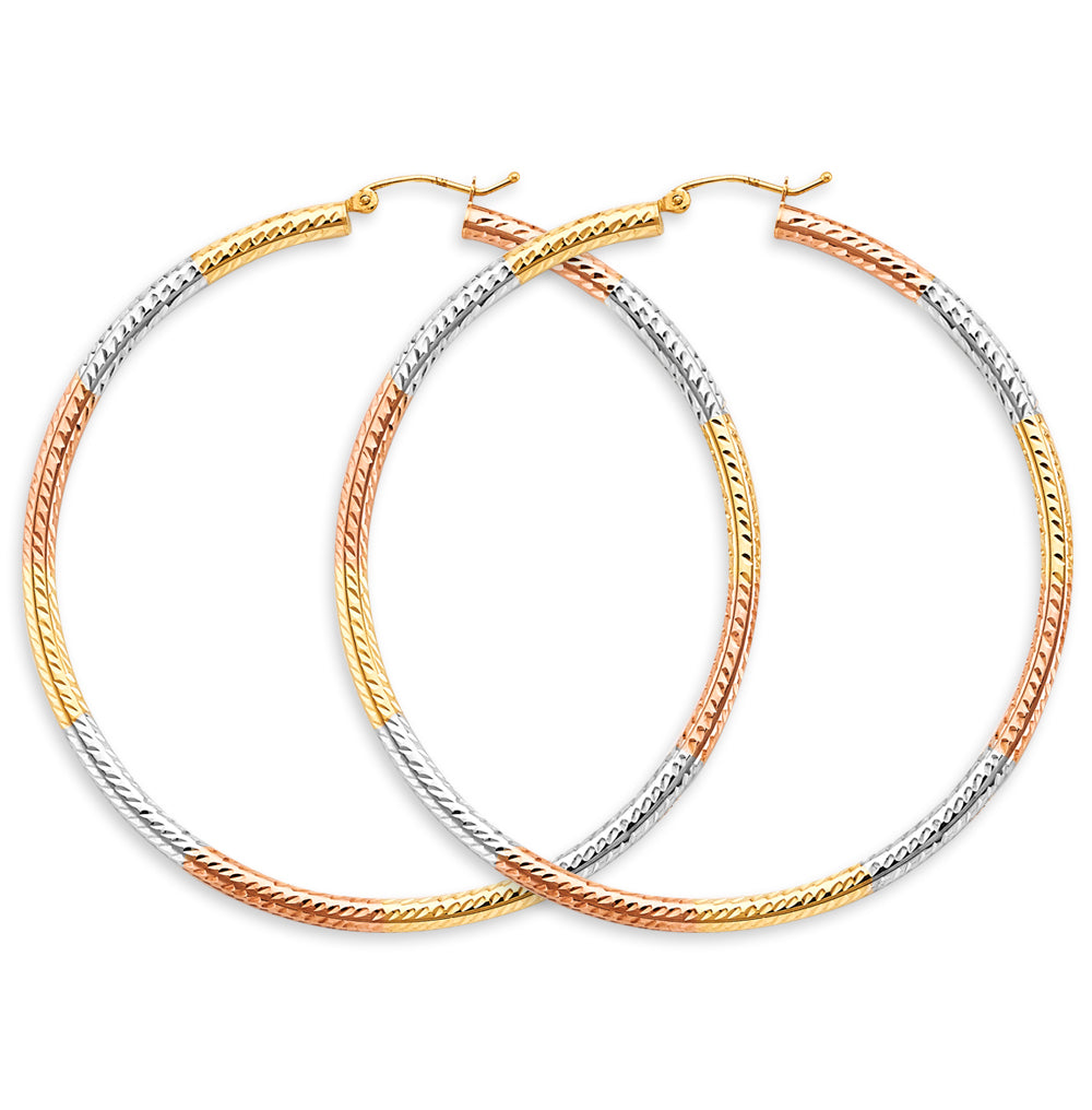 14K Yellow White Rose Gold 3 mm Tube Diamond Cut Hoop Earring