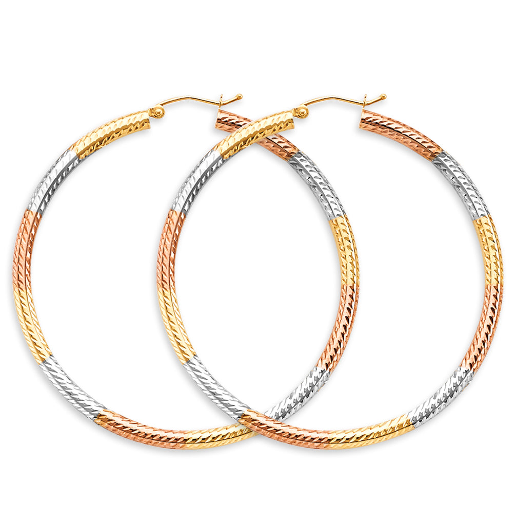 14K Yellow White Rose Gold 3 mm Tube Diamond Cut Hoop Earring