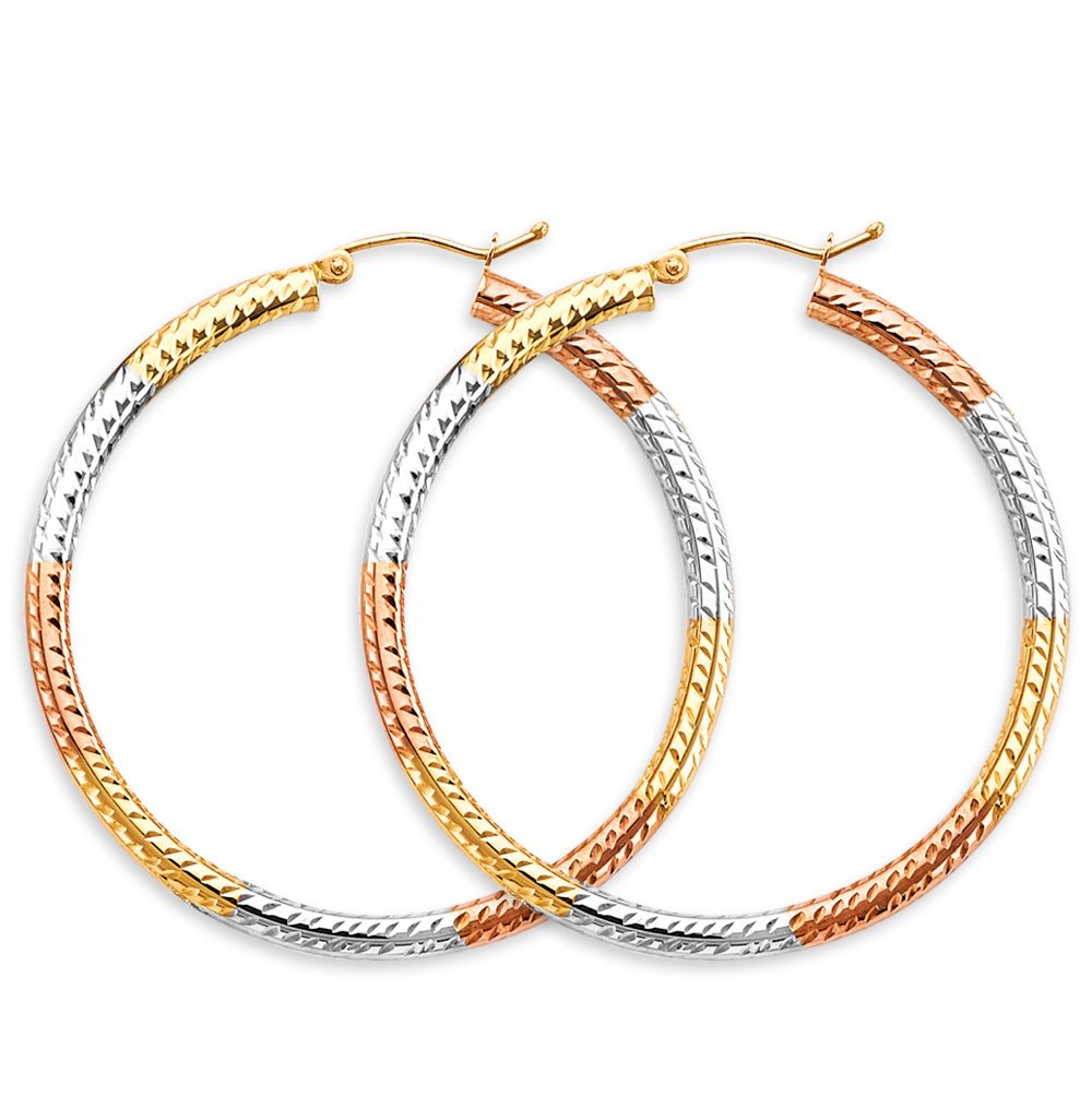 14K Yellow White Rose Gold 3 mm Tube Diamond Cut Hoop Earring