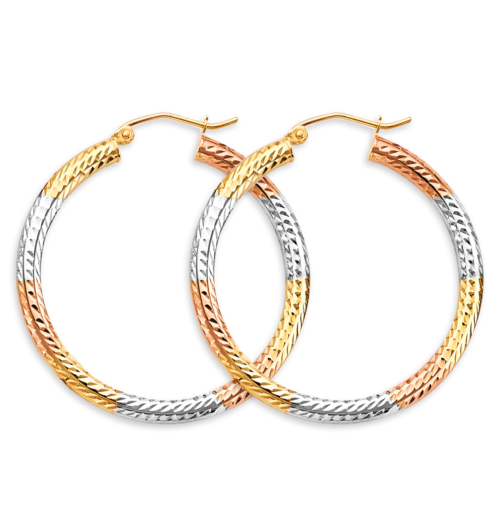 14K Yellow White Rose Gold 3 mm Tube Diamond Cut Hoop Earring