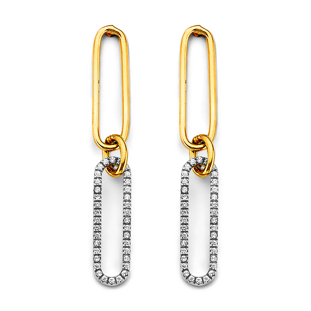 14K Two Tone Gold CZ Paperclip Earring (W/ Pushback)
