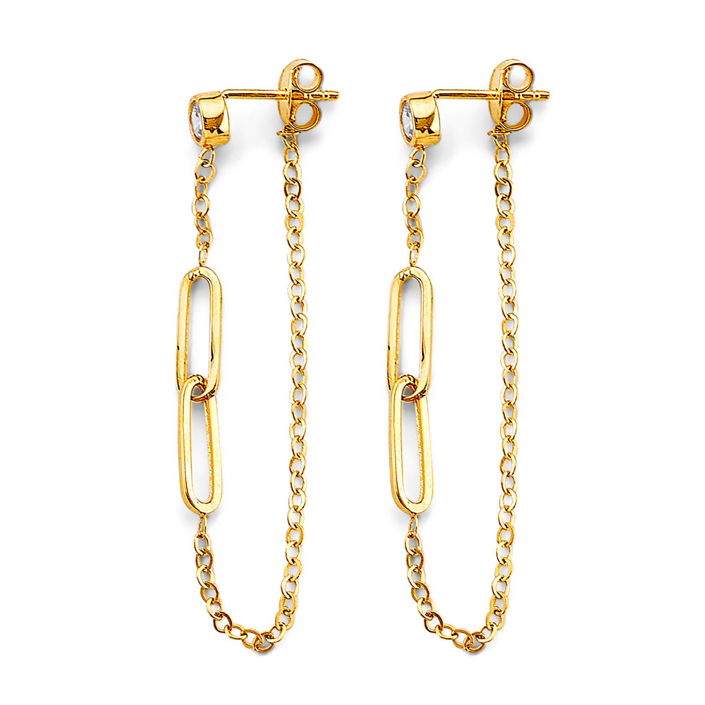 14K Yellow Gold CZ Paperclip Hanging Chain Earring