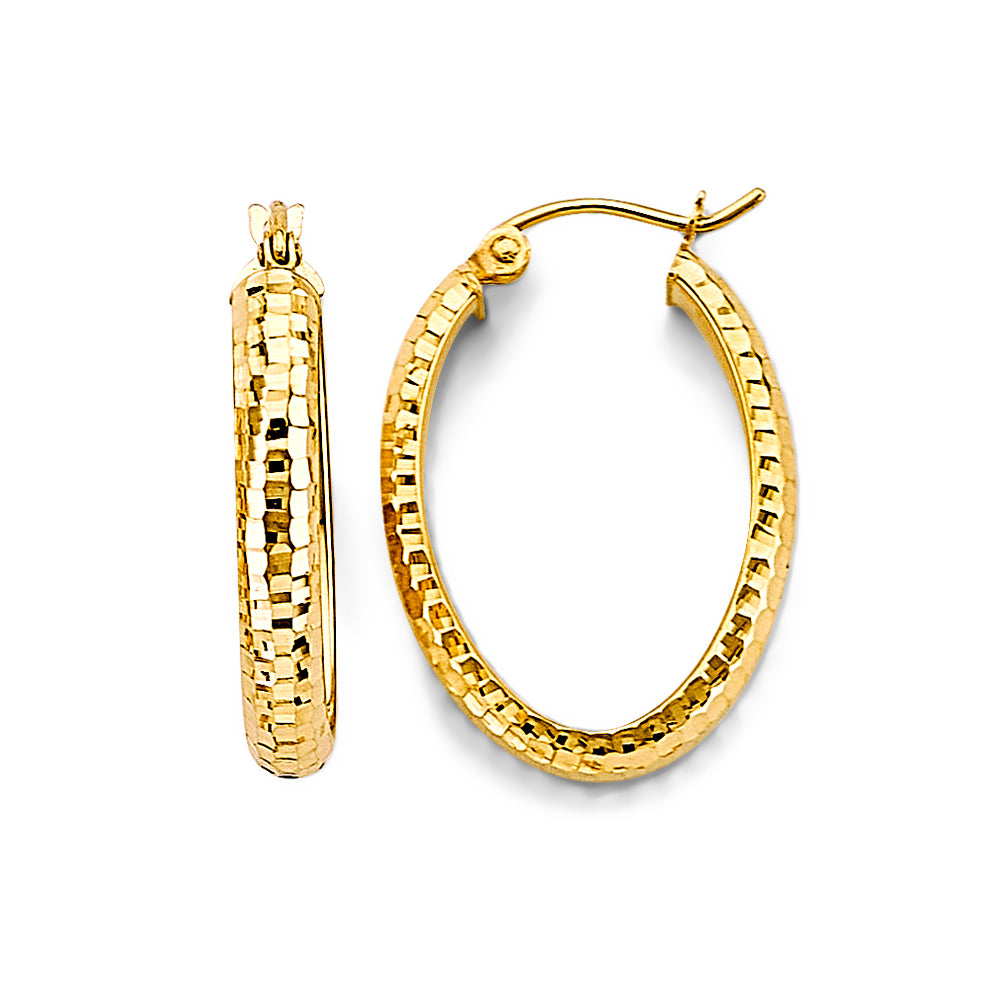 14K Yellow Gold Oval Diamond Cut Hoop Earring
