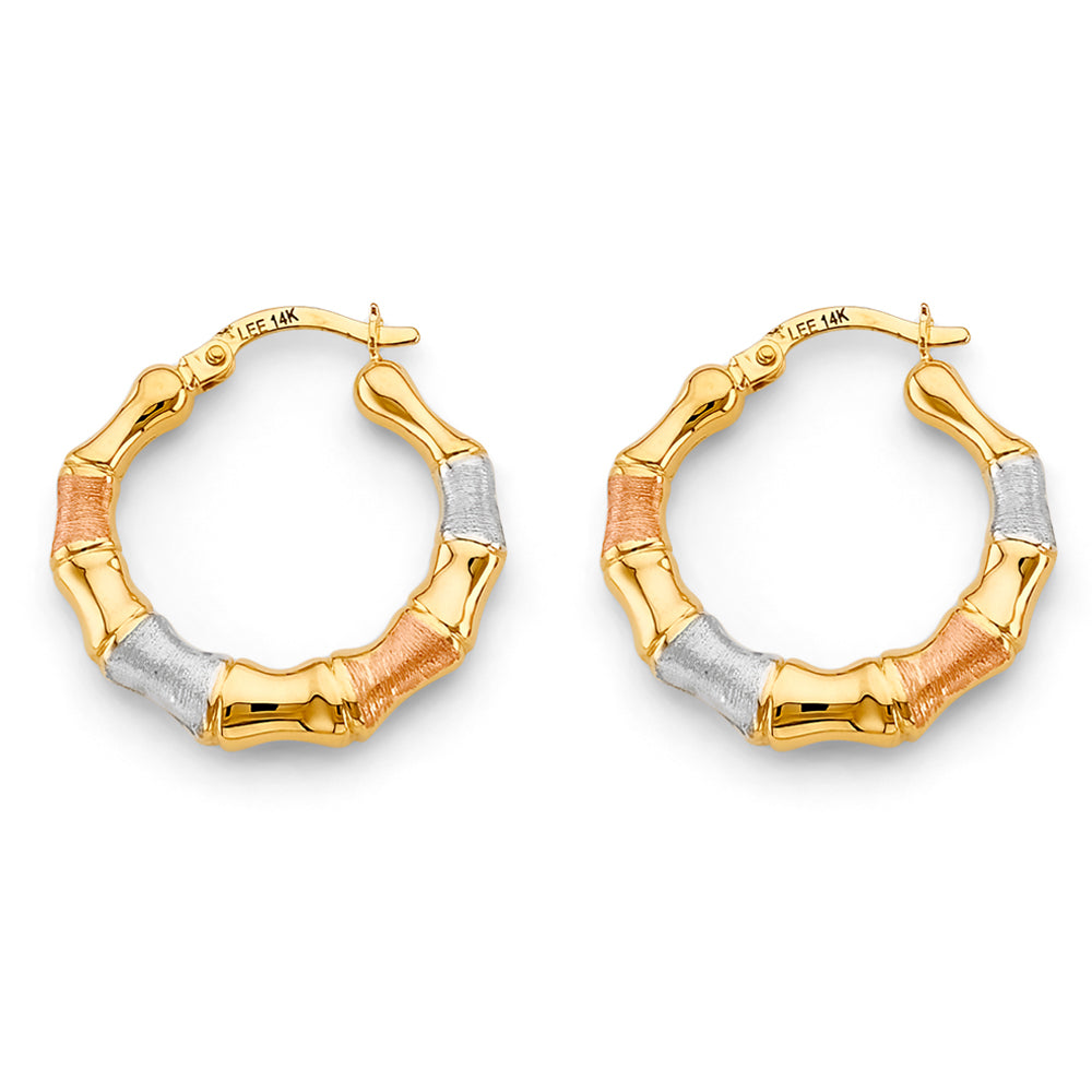 14K Yellow White Rose Gold Bamboo Hollow Hoop Earring