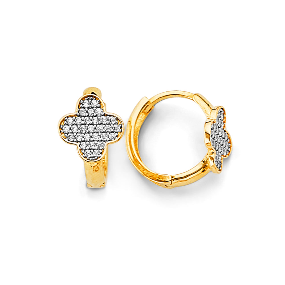 14K Two Tone Gold Clover CZ Huggies