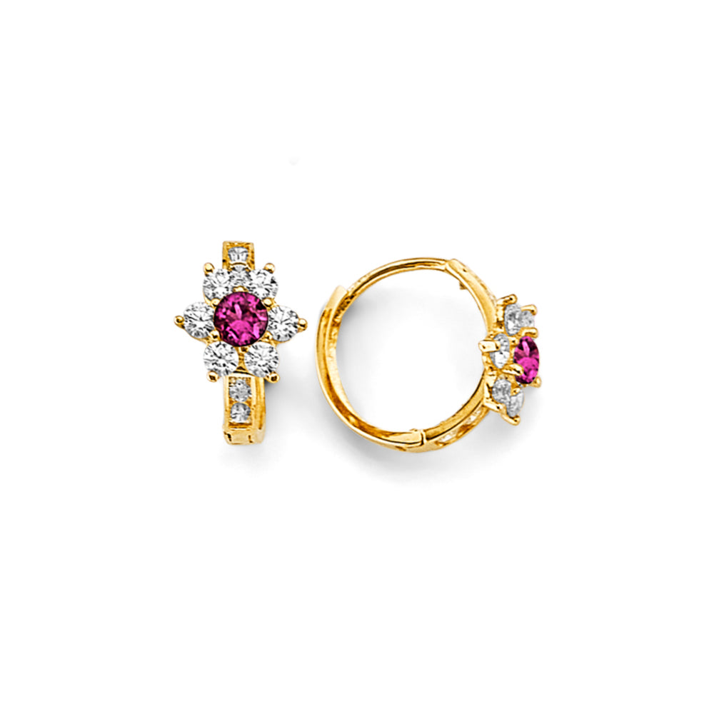 14K Yellow Gold Flower CZ Huggies