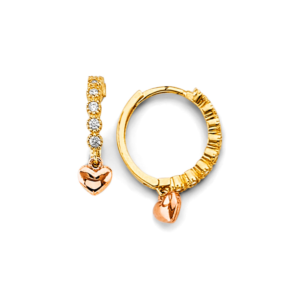 14K Two Tone Gold Heart Charm CZ Huggies
