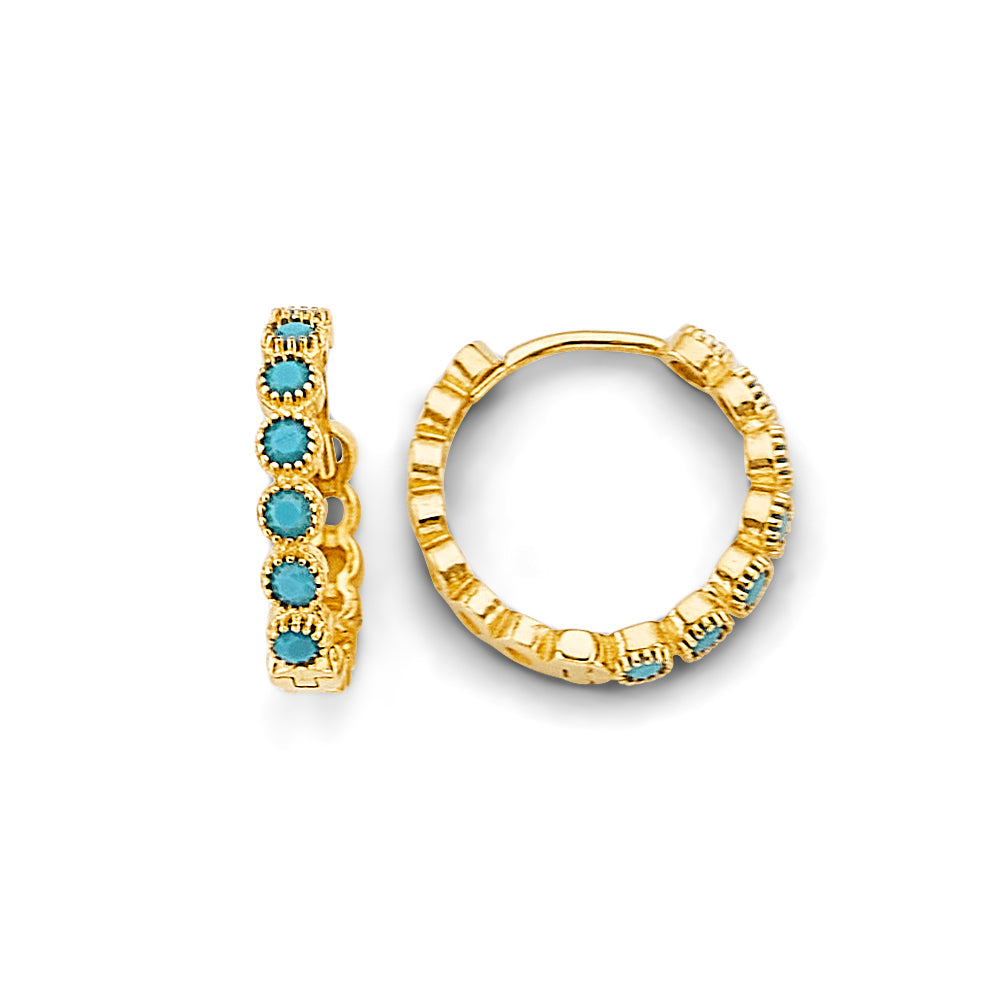 14K Yellow Gold Round Turquoise Huggies