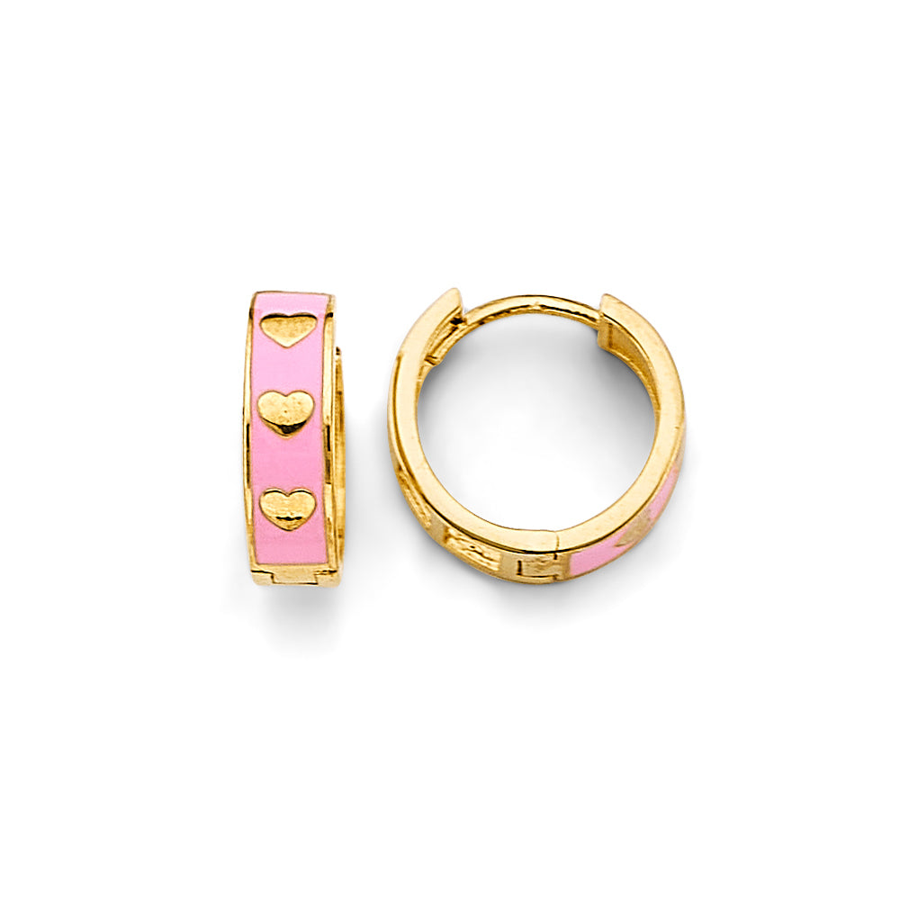 14K Yellow Gold Enamel Heart Huggies