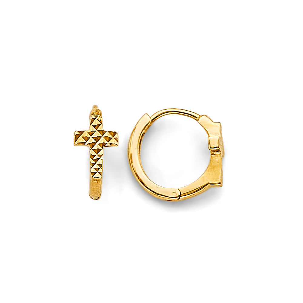 14K Yellow Gold Diamond Cut Cross Huggies