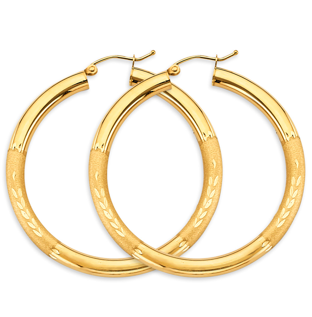 14K Yellow Gold 3.8 mm Bud Diamond Cut Round Tube Hoop