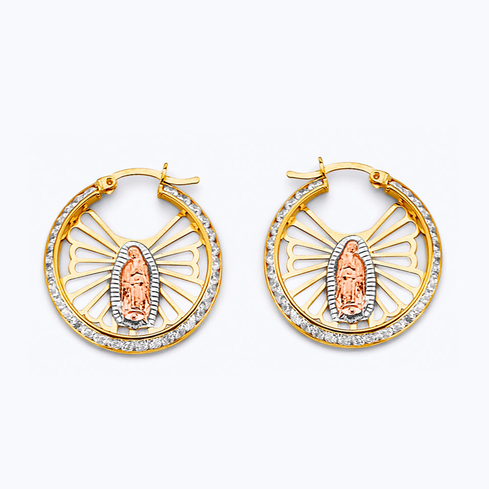 14K Yellow White Rose Gold CZ Guadalupe Hoop Earring