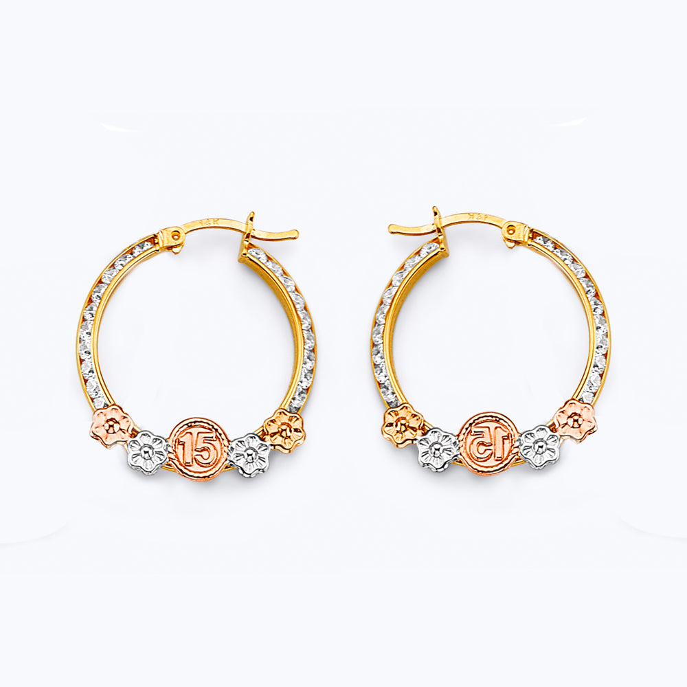 14K Yellow White Rose Gold CZ 15 Years Flower Hoop Earring