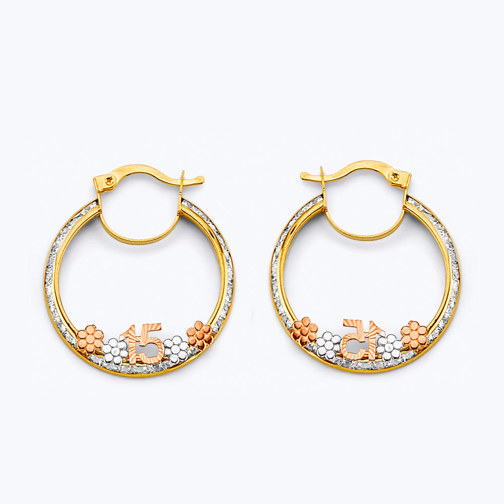 14K Yellow White Rose Gold CZ 15 Years Flower Hoop Earring
