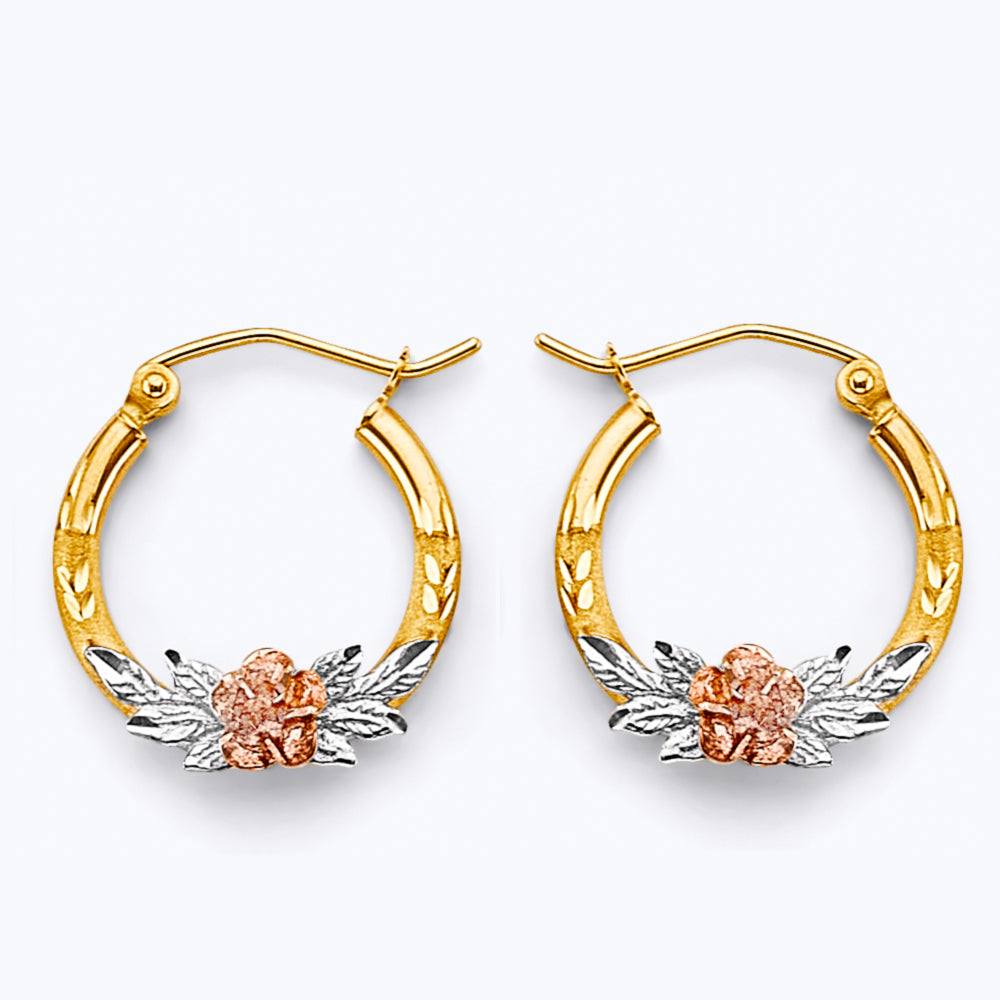 14K Yellow White Rose Gold Flower Hoop Earring