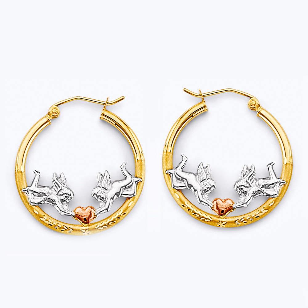 14K Yellow White Rose Gold Angel & Heart Hoop Earring