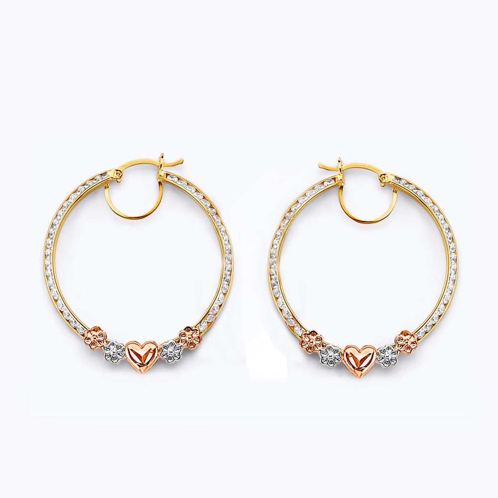 14K Yellow White Rose Gold CZ Flower & Heart Hoop Earring