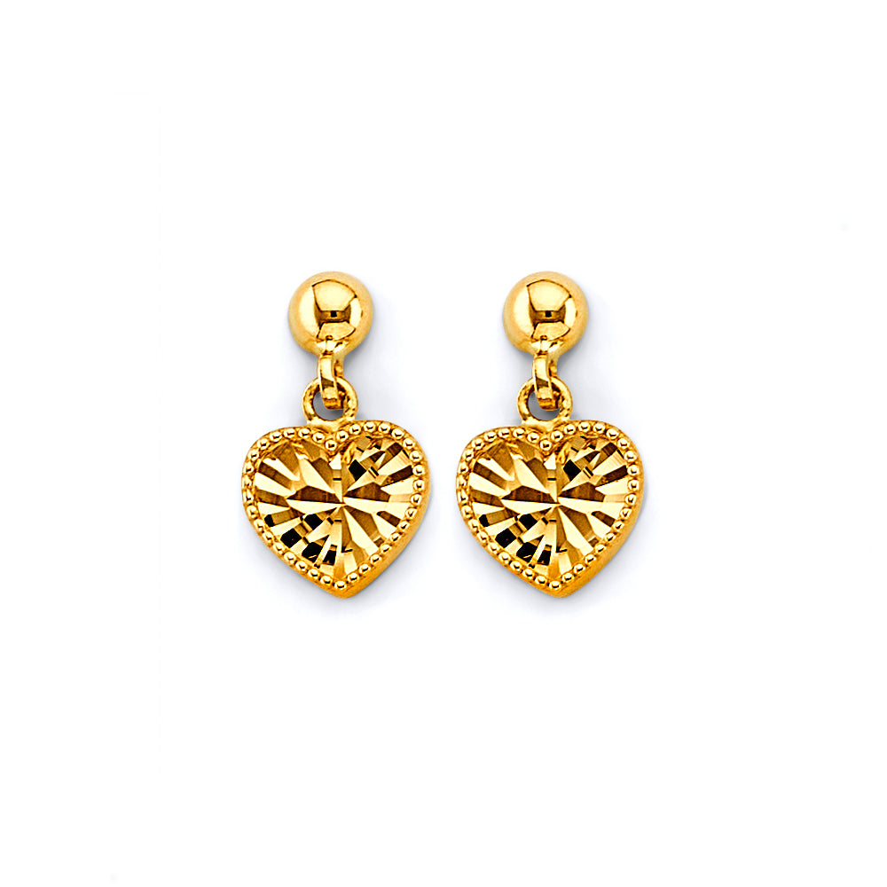 14K Yellow Gold Hanging Diamond Cut Heart Push Back Earring
